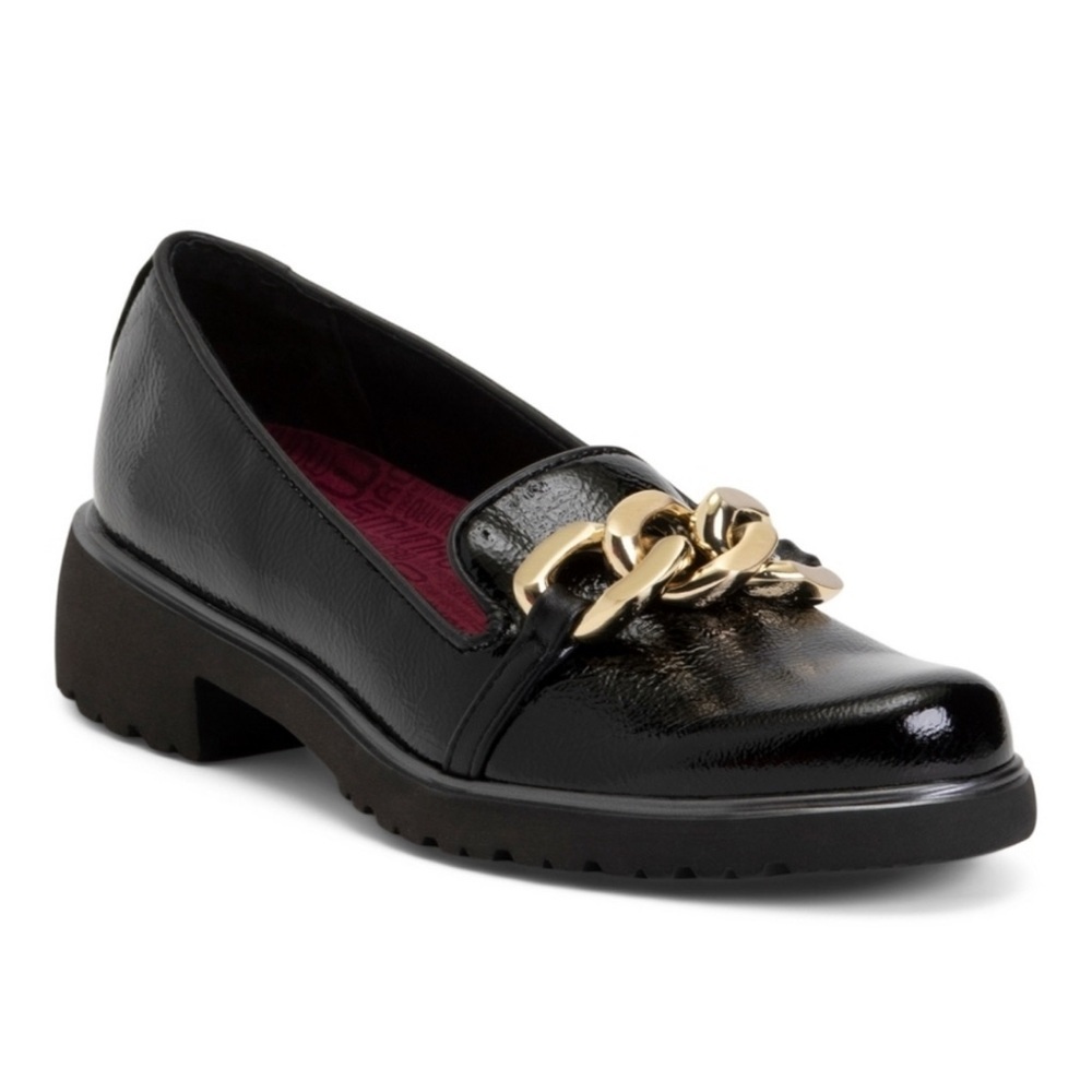 Munro WOMEN'S VIV BLACK CRINKLE PATENT LOAFER Chain Detail size 11 M